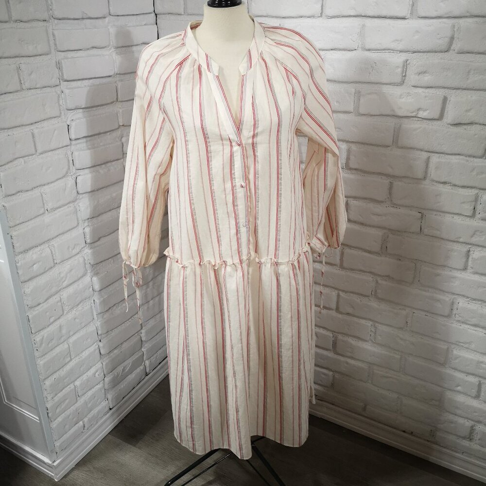 Zara Woman Ladies Size Medium Off White w/ Grey & Red Stripes Shirt Dress